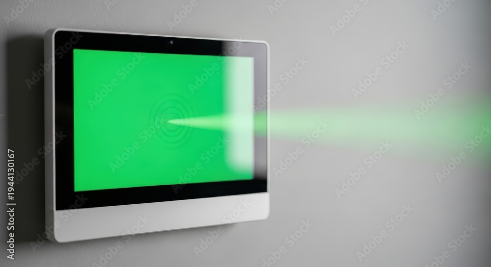 Fototapeta premium Green Screen Tablet on Wall, Projecting Light, Technology, Communication