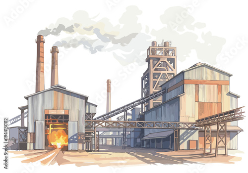Industrial factory with smoking chimneys and fiery furnace, conveying raw materials
