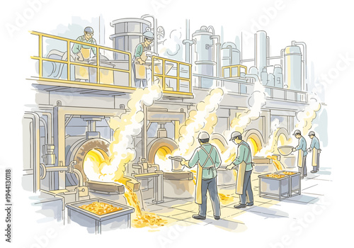 Illustration of workers in a factory operating furnaces and handling molten metal with steam rising