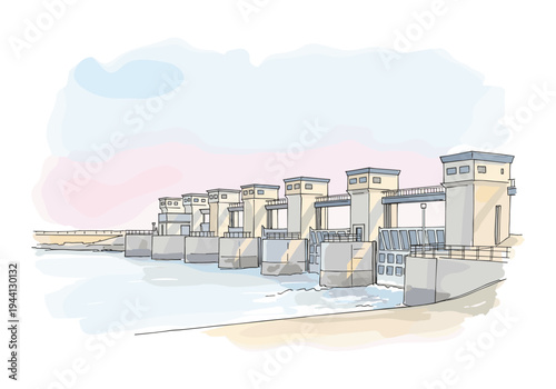 Sketch of a modern water dam with multiple gates and control towers on a river
