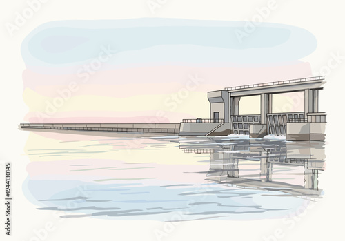 Modern concrete dam structure with water flowing through gates at sunrise, reflecting on the calm surface