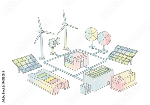 Illustration of a smart grid system with renewable energy sources and battery storage