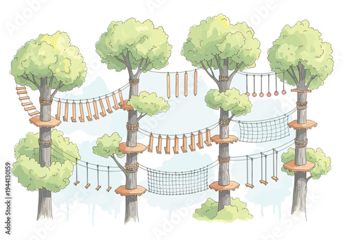 Adventure park with rope bridges and obstacles set among trees