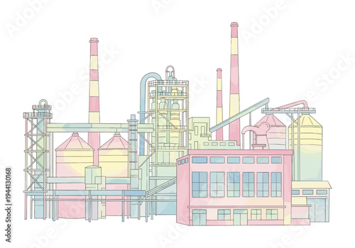 Colorful industrial factory complex with silos and smokestacks, illustrated in a modern flat style