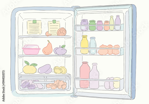 Open refrigerator filled with colorful fruits, vegetables, and bottles of drinks