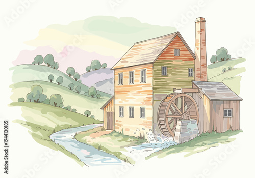 Charming watercolor illustration of a historic watermill nestled in a serene countryside landscape