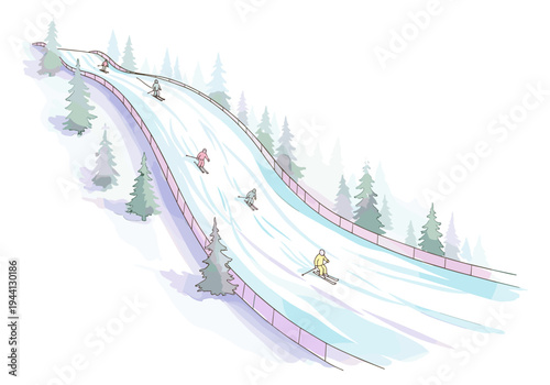 Cartoon illustration of skiers descending a snowy mountain slope surrounded by pine trees