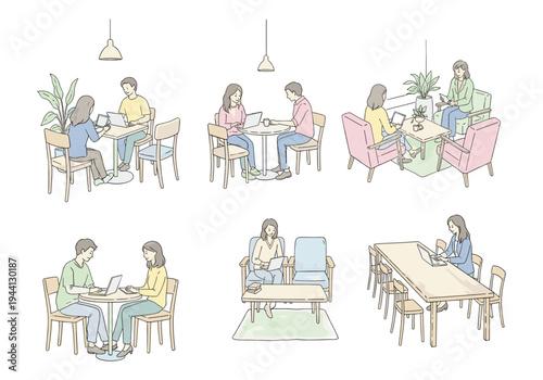 Diverse group of people working and socializing in a cafe setting with laptops and tablets