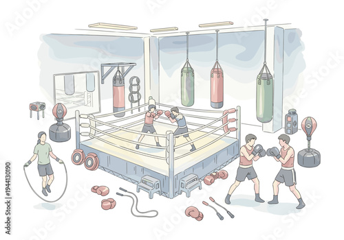 Diverse group of people training in a boxing gym with various equipment and a boxing ring