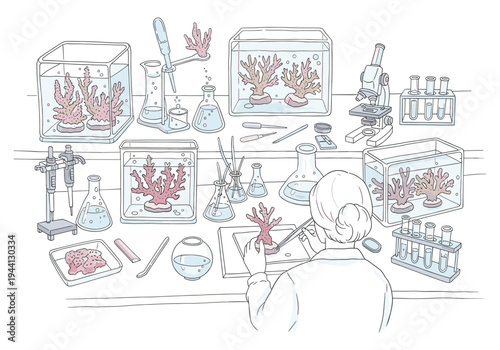 Marine biologist studying coral in a laboratory with aquariums and scientific equipment