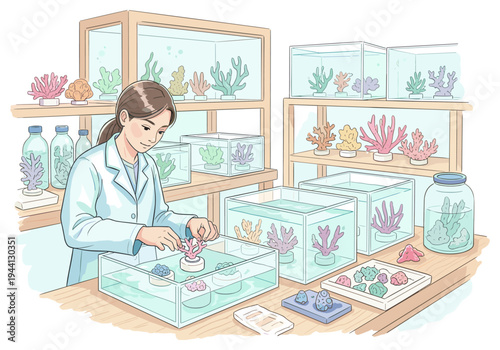 Marine biologist carefully examines coral specimens in a laboratory setting with aquariums and shelves