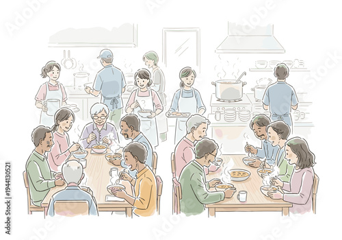 Diverse group of people enjoying a communal meal in a bright, bustling soup kitchen setting