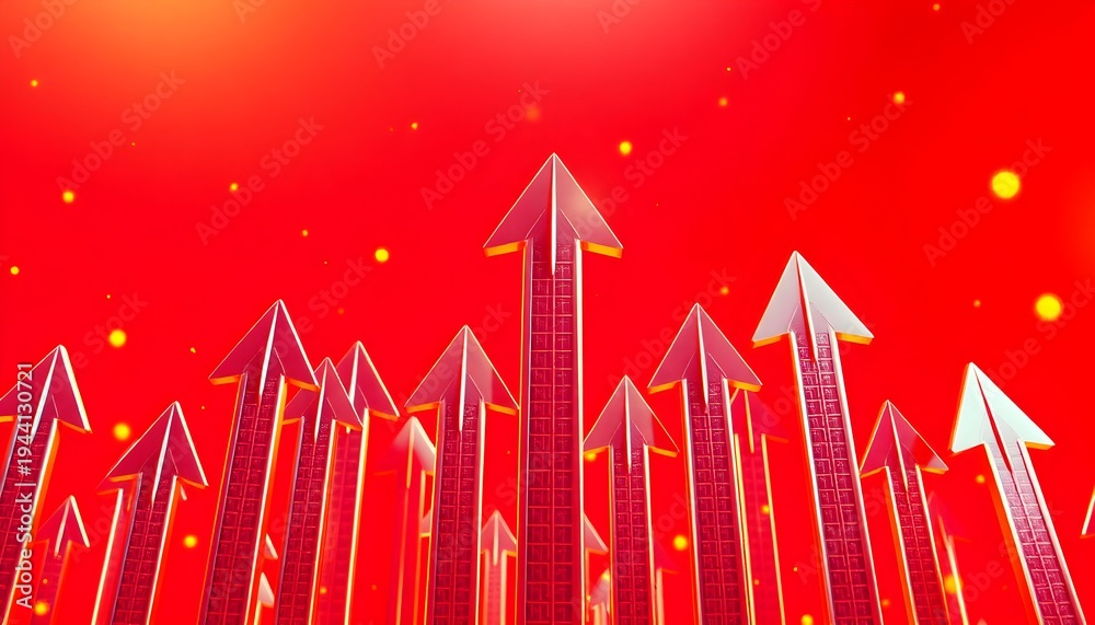 Fototapeta premium Multiple arrows pointing upwards in a red background with yellow dots
