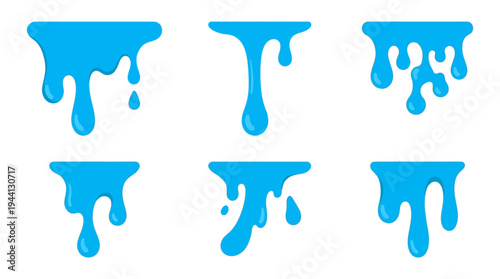 Collection of blue liquid drip illustrations showcasing various shapes and sizes, ideal for design use