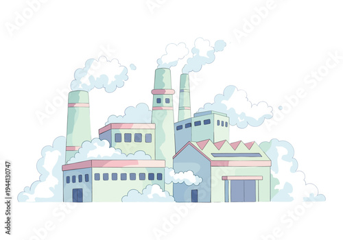 Cartoon factory with smoke stacks emitting clouds of steam or pollution