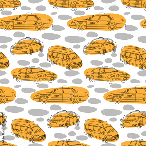 Seamless pattern with contour yellow taxi cars and minivans on abstract grey and orange spots background. Urban transport texture for fabric print, wrapping paper or service website design