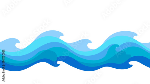 Colorful waves in varying shades of blue create a dynamic ocean scene, symbolizing movement