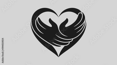 Abstract heart shape formed by two stylized hands, symbolizing love and care