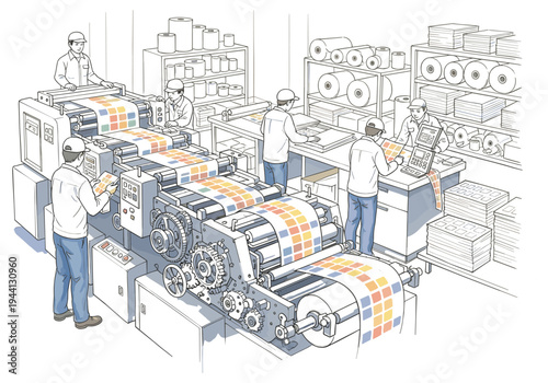 Printing factory workers operating large industrial printing machines and checking color samples