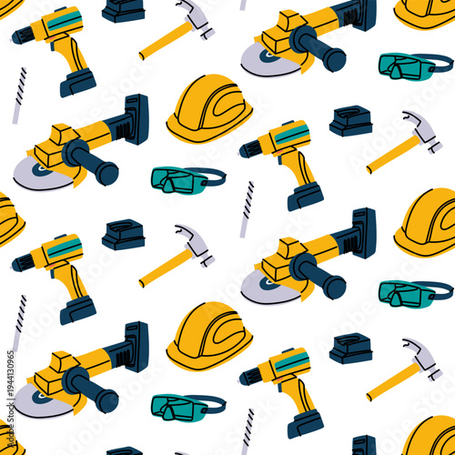 Seamless pattern with flat colorful construction tools including electric drill, grinder, hammer and helmet. Repair equipment background for hardware store banners, textile or DIY website design