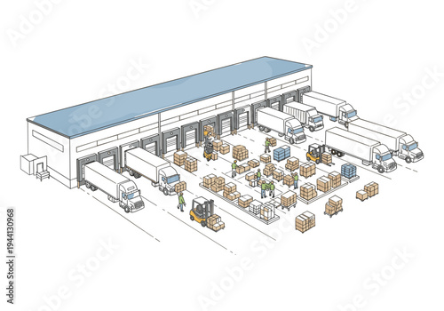 Busy warehouse loading dock with trucks, forklifts, and workers moving boxes