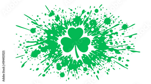 Vibrant green splatter graphic featuring a shamrock symbolizing luck and celebration