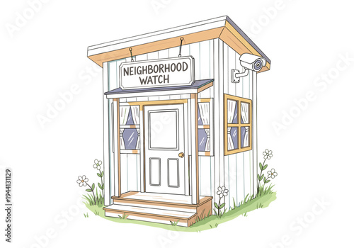 Charming neighborhood watch house with security camera and flowers, symbolizing community safety