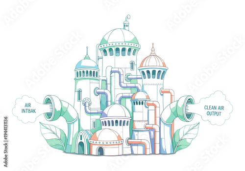 Stylized factory illustration showing air intake and clean air output with pipes and towers