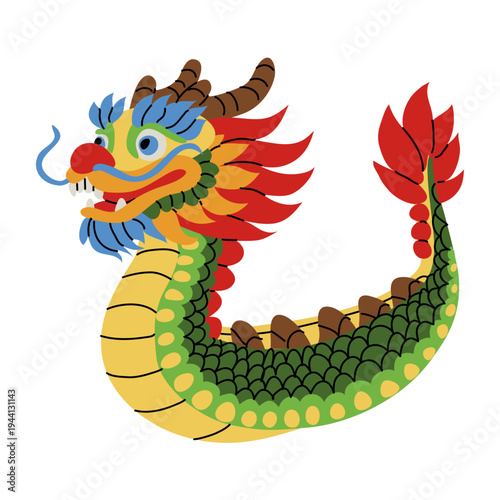 Flat illustration of a colorful traditional Chinese dragon with green scales and red mane, a boat. Oriental mythology symbol for Lunar New Year festival design, stickers or cultural web banners.