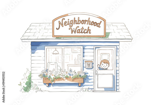 Charming neighborhood watch house with a friendly child waving from the doorway