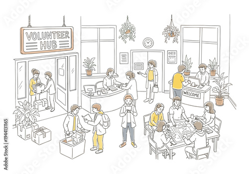 Diverse group of people volunteering and working together at a community hub