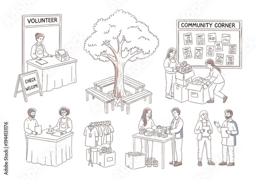 Community volunteers organize donations and information at a local gathering event