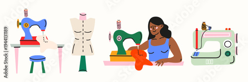 Sewing and hobby vector set featuring sewing machines, dressmaker mannequin, needles and woman character crafting in cartoon flat style