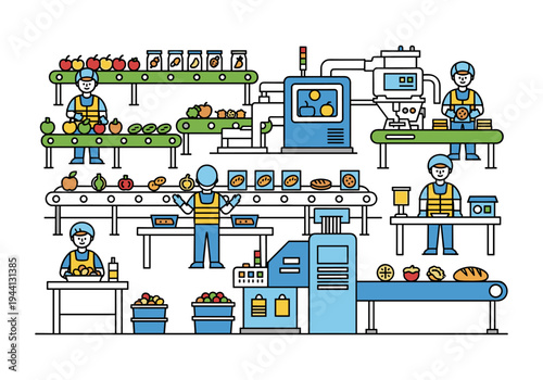 Food production line with workers and automated machinery processing fruits and baked goods
