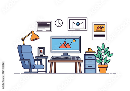 Modern home office setup with computer, chair, desk, and plant illustration