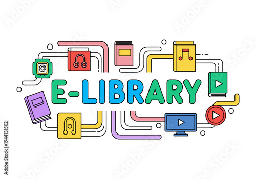 Digital E-Library concept with books, computer, and media icons connected