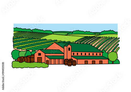 Vineyard winery building with rolling hills and grapevines under a clear blue sky