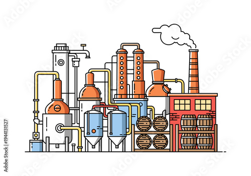 Modern distillery with copper stills, tanks, and barrels, illustrating beverage production