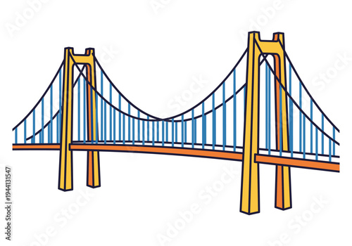 Stylized illustration of a suspension bridge with yellow towers and orange deck