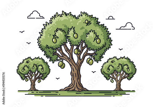 Stylized illustration of three olive trees with green olives and birds flying in a simple sky