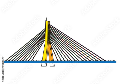 Modern cable-stayed bridge design with vibrant yellow and orange pylon and blue deck