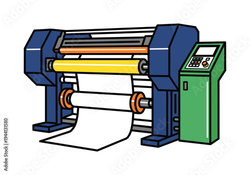 Modern industrial printing machine with large rolls of paper and control panel