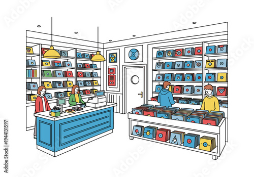 Customers browse and shop for vinyl records in a colorful, modern record store setting