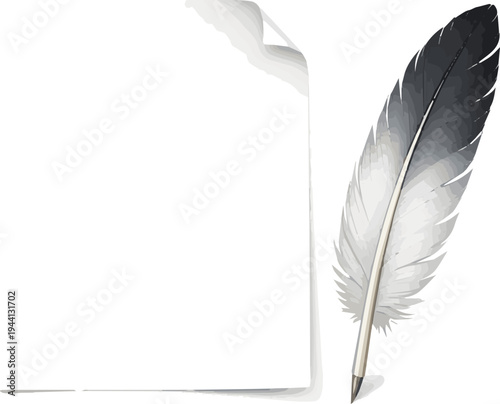 Create a realistic Blank paper and feather vector art with white background..