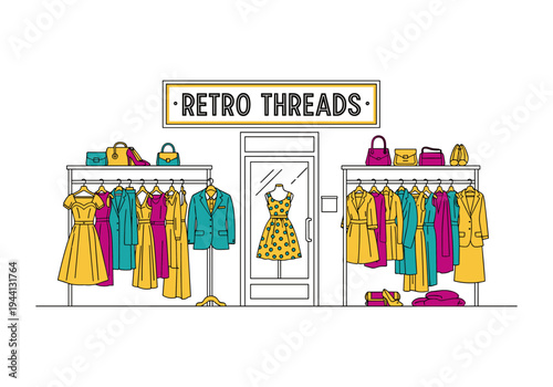 Retro clothing store facade with mannequins and racks of vintage fashion