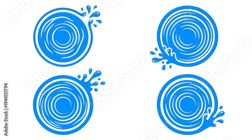 Four circular blue water splash designs with dynamic movement, suitable for graphic use
