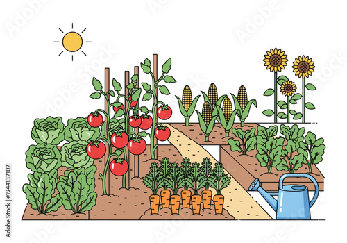 Vibrant vegetable garden with a variety of fresh produce growing under the sun
