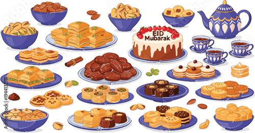 Muslim People Praying Salah in Mosque with Islamic Architecture and Lanterns Illustration Set