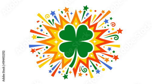 Vibrant explosion of colors surrounding a green clover symbolizing luck and celebration
