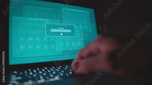 Hand typing incorrect password code on computer laptop server in office at night. Person hacker or spy using laptop trying to access remotely government or top secret agency file data and denied entry